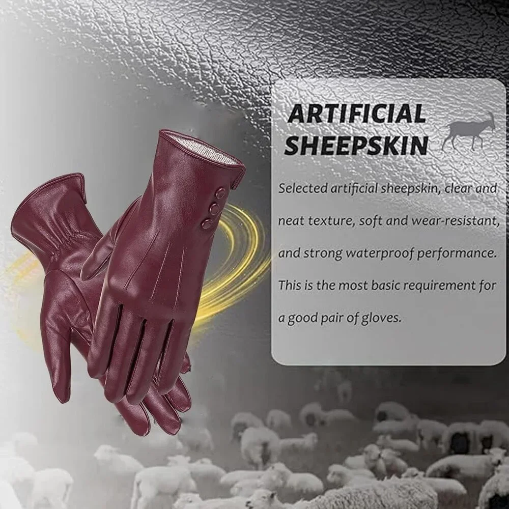 Women’s Leather Gloves Genuine SheepSkin Leather Cold Weather Cashmere Deep Red
